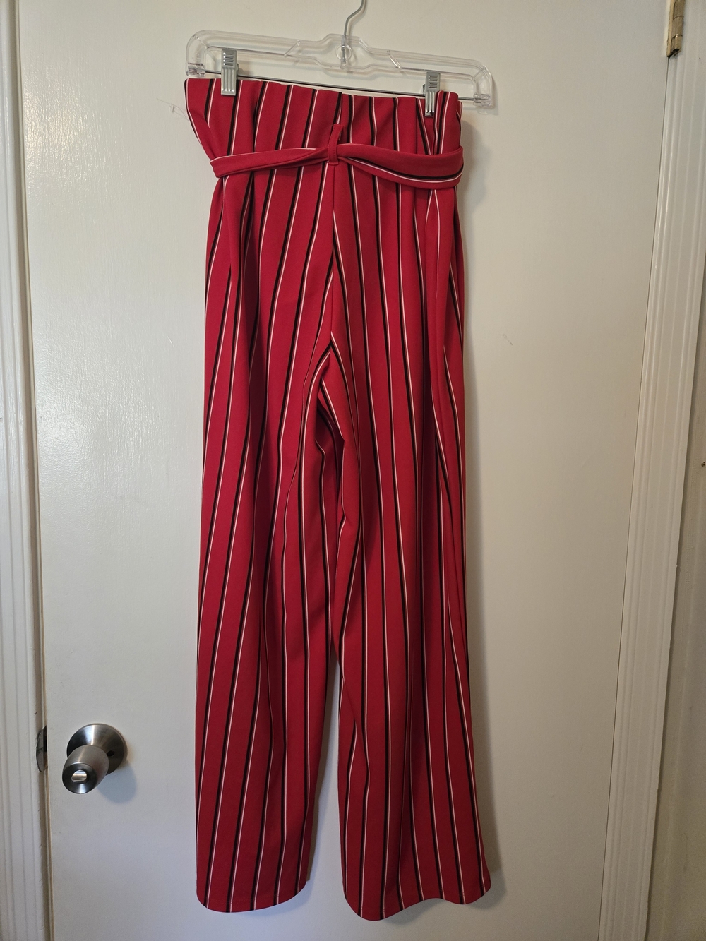 Tacera Red Vertical-Stripe High-Waist Wide-Leg Pants with Tie Belt